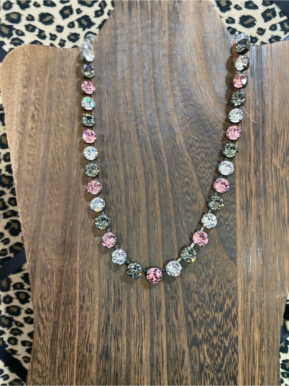 Divine Crystal Tennis Necklace Pink Gray Clear Rhinestones Adjustable Gunmetal